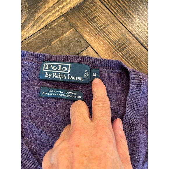 Polo Ralph Lauren Sweater Men Medium Purple Pima Cotton Pullover V Neck Academia - Picture 8 of 8